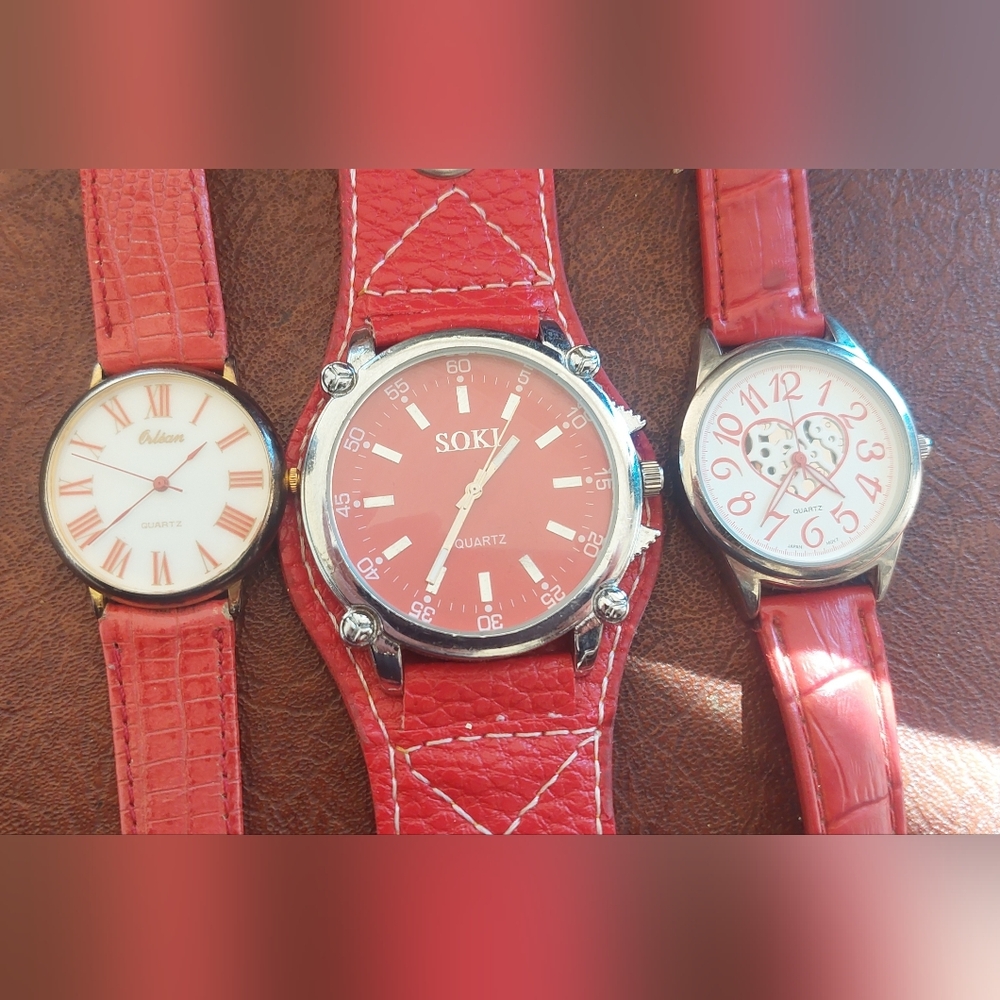 Lot of 3 Unique Working Quartz Watches Vintage Orlean SOKI Heart Dial Red Straps